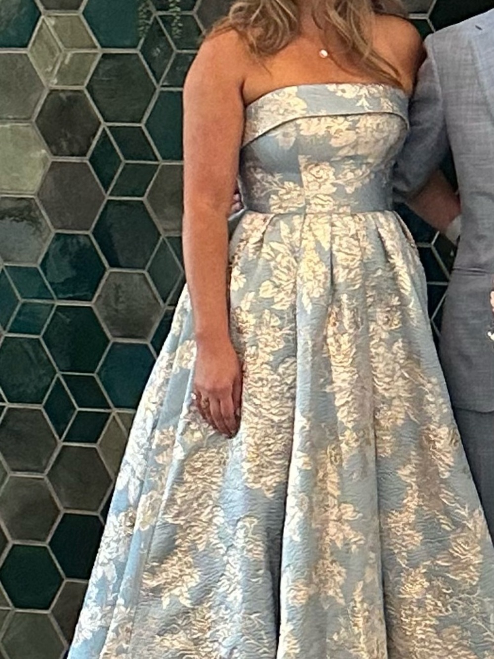 Mac Duggal Strapless Light Blue and Silver Brocade Ball Gown